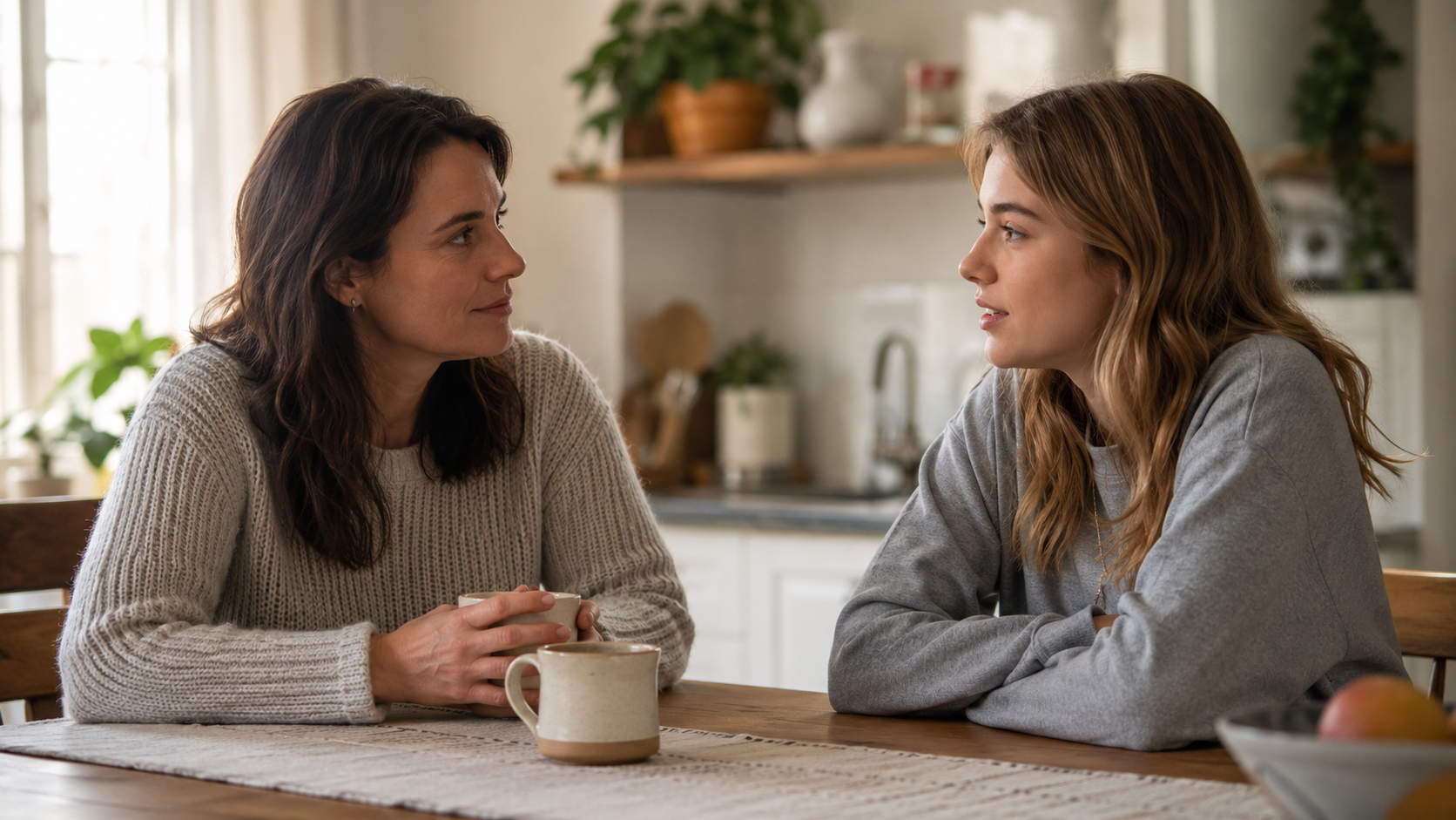 Parent having a calm conversation with their young adult child at home